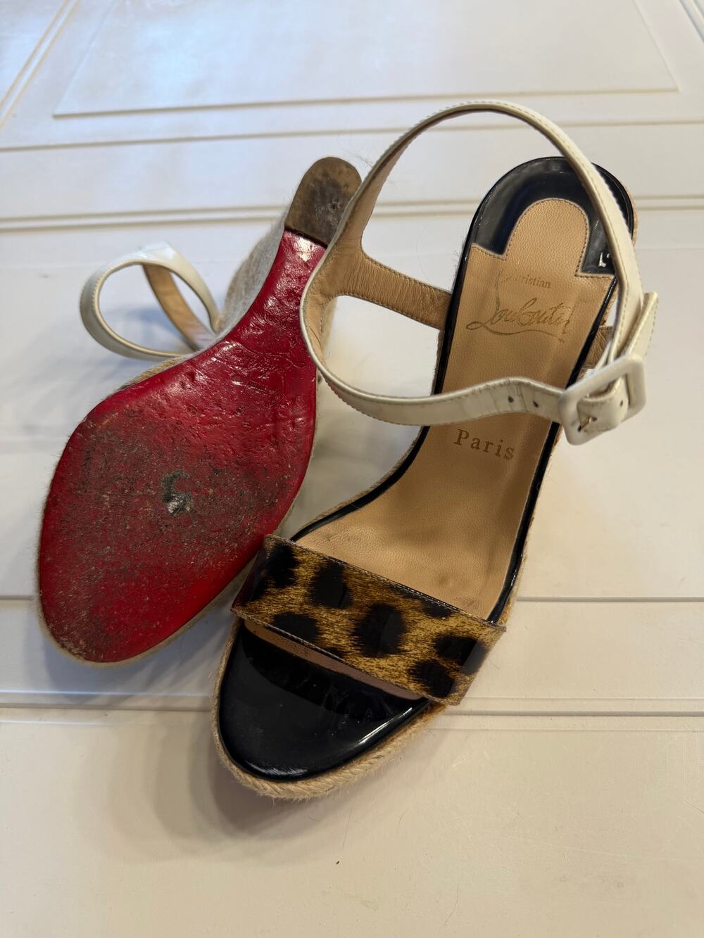 Christian Louboutin Sz 38 Spachica Leaopard Print White Strap Espadrille Wedges